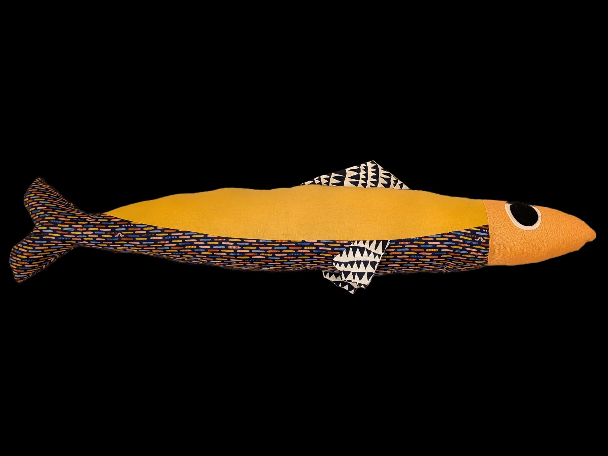 yellow and dark blue plush fish